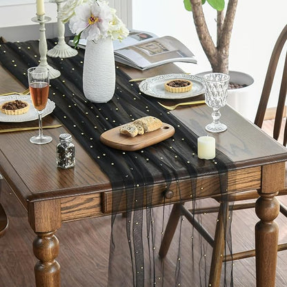 Artoid Mode 3PCS Pearl Black Gauze Table Runner 120 Inch 10FT, Seasonal Sheer Dining Holiday Wedding Birthday Baby Shower Table Decor for Home Party
