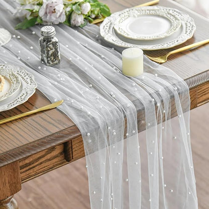 Artoid Mode Pearl Gauze Table Runner 59x120 Inch , Seasonal Sheer Kitchen Dining Holiday Wedding Birthday Baby Shower Table Decor for Home Party