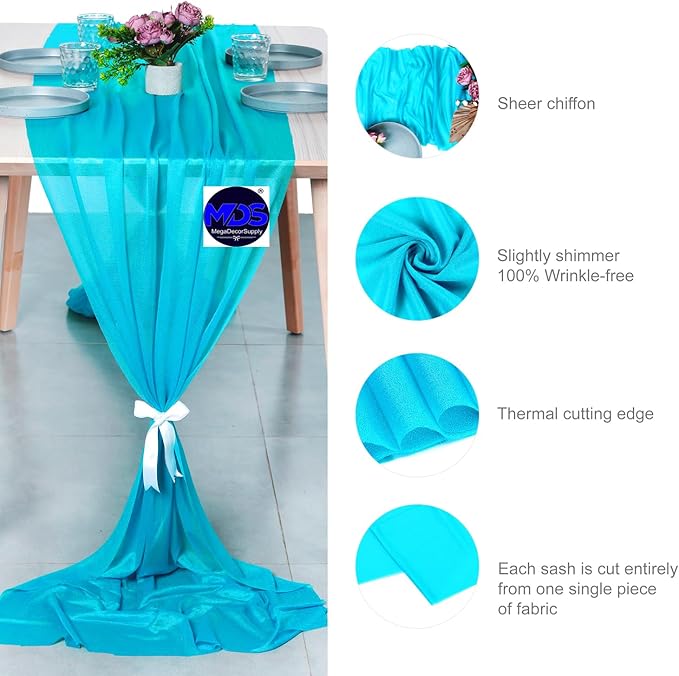 MDS Halloween Chiffon Table Runner - 5 Pack, 29 x 170 Inches, 14ft Each - Sheer Spooky Table Runners for Haunted House Parties, Trick-or-Treat Tables, Witchy Décor, Wedding & Events - Turquoise
