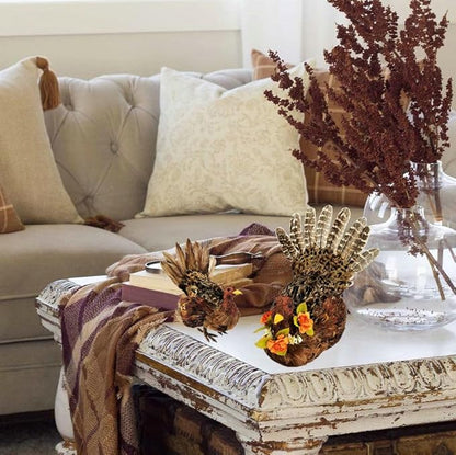 naturevibe 10/6.5 Inches Feathered Turkey Decorations Set of 2,Realistic Mom n Baby Turkey Figurines with Real Feathers for Thanksgiving Decorations,Decorative Farm Animals as Fall Decor for Home