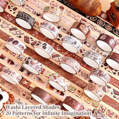 20 Rolls Coffee Theme Washi Tape Set, Writable Decorative Tapes for Scrapbooking, Bible Journaling, Bullet Journaling, 0.6"x79" per Roll