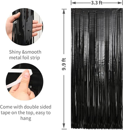 Crosize 8 Pack 3.3 x 9.9 ft Black Foil Fringe Curtains Party Decorations, Black Tinsel Curtain Backdrop for Parties, Door Streamers, Glitter Streamer Backdrop for Birthday Decoration