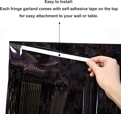 Thick 10 Feet by 15 Inch Black Foil Fringe Garland - Pack of 3 - Shiny Metallic Tinsel Banner for Parade Floats, Easter Day, Halloween, Christmas | Wall Hanging Drapes (3)