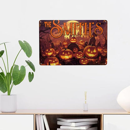 Personalized Halloween Metal Sign with Family's Name or Text Custom Pumpkin Wall Decor Signs Fade Resistance for Indoor Outdoor Spooky Gifts for Friends Family