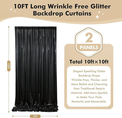 10ft x 10ft Black Glitter Sequin Backdrop Curtain for Parties, Wrinkle Free Sparking Backdrop Drapes, 2 Panels 5x10ft Shimmer Photo Back Drop Cloth for Wedding Birthday Photography Background