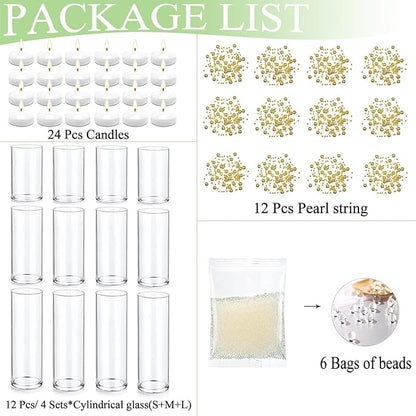 Set of 12 Glass Cylinder Vases for Centerpieces with 8 Pack Vase filler 12 Pearl String 24 White Floating Candles for Centerpieces, Table Center pieces for Wedding Party Home Decor 5, 6, 8 Inch