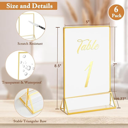 Floroom 6 Pack 5x7 Inch Clear Acrylic Sign Holders, Double-Sided Gold Display Stand Picture Frames for Table Numbers, Menus, Flyers, Weddings, and Offices
