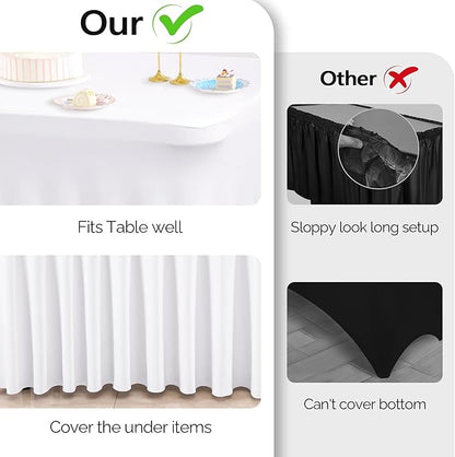 6 Pack White Spandex Table Clothes for 8 Foot Rectangle Tables, 8FT Wrinkle Free Fitted Tablecloths Ruffles Design Table Cover for Party, Banquet, Wedding and Events