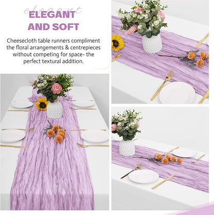 Aktor 12 Pack Lavender Table Runner Boho Cheesecloth Table Runner Semi Sheer Gauze Fabric Runners for Wedding Birthday Baby Shower Party Boho Table Decoration（Lavender）