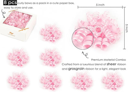 HUIHUANG Pink Gift Bows Self-Adhesive Curly Ribbon Bow 5 inch x 8 Counts Light Pink Bow for Gift Wrapping, Presents, Paper Bag, Baby Shower Favors, Wrapping Accessories, Party Decor