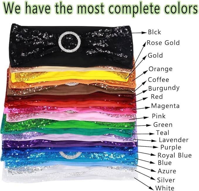 100 Pcs Chair Sashes Sequin Stretch Chair Bands Spandex Polyester Bows for Party Hotel Wedding Banquets Decoration - Aqua