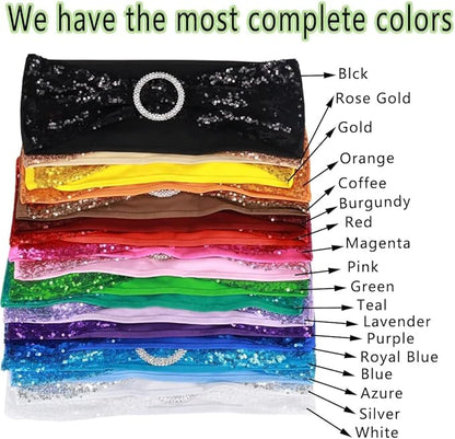 100 Pcs Chair Sashes Sequin Stretch Chair Bands Spandex Polyester Bows for Party Hotel Wedding Banquets Decoration - Aqua