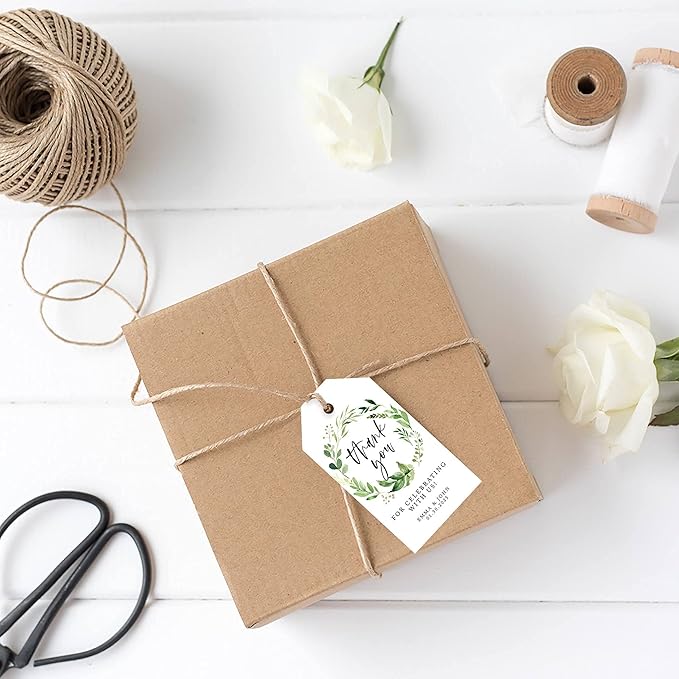 Andaz Press 100-Pack Personalized Thank You for Celebrating with Us Wedding Favor Tags with Bakers Twine Greenery Wreath Custom Cardstock Wedding Gift Tags Thank You Tags for Party Favors 2” X 3.75”