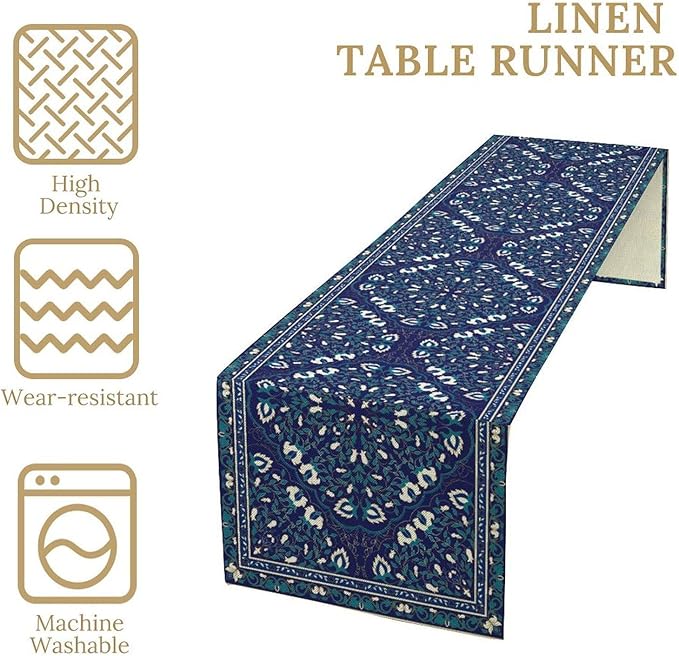 Boho Floral Vintage Table Runner, Retro Morris Abstract Blue Flower Rustic Country Farmhouse Pattern for Home Kitchen Table Decor Dining Coffee Room Wedding Party Decor 13x120in