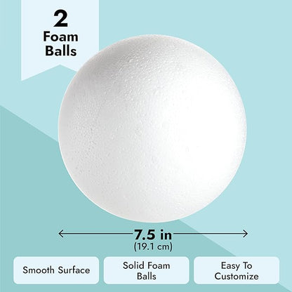 Juvale Sphere Craft Foam Balls - 7.5-Inch White Polystyrene Spheres - 2 Pack for DIY Projects, Floral Centerpieces & Home Decor