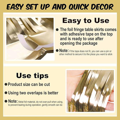 3 Pack 29 x108 Inch Light Gold Foil Fringe Table Skirts Metallic Banner for Tinsel Streamer Garland Backdrop for Parade Floats Mother's Day, Graduate, Birthday, Wedding Party Decoration