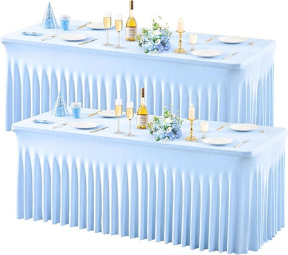 2 Pack Baby Blue Spandex Table Clothes for 6 Foot Rectangle Tables, 6FT Wrinkle Free Fitted Tablecloths Ruffles Design Table Cover for Party, Banquet, Wedding and Events
