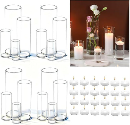 UDU Set of 16 Cylinder Glass Vases and 24 Pcs Floating Candles for Centerpiece, 4,6,8,10 Inch Tall Clear Hurricane Candle Holder Glass Vases for Centerpiece Table Wedding Home Decor