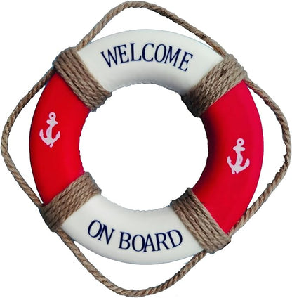 MorroMorn Lifebuoy Wall Hanging Decor - Welcome Aboard Mediterranean Style Home Decoration Hemp Rope (Red, 20")