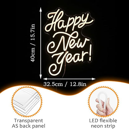 Happy New Year Neon Sign Warm White Led Neon Lights for Wall Decor Usb New Year Light Up Signs for New Year Party Decor Home Bedroom Indoor Decorations