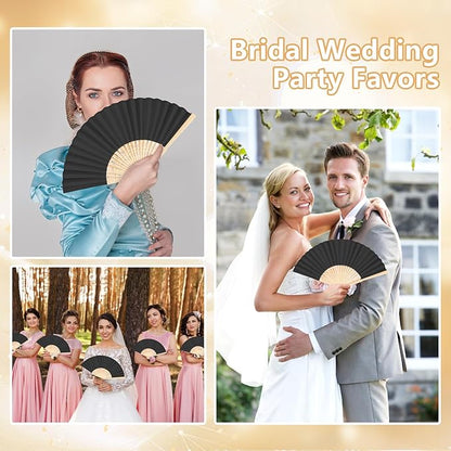 50Set Wedding Hand Fans Party Favors Black Paper Folding Handheld Fans Bulk, DIY Bamboo Fans with Thank Tag Organza Bag for Summer Guests Bridal Dancing Props Church Decoation