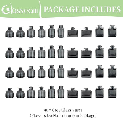 Glasseam Bud Flower Vases in Bulk: 40 Glass Cute Small Vases for Centerpieces Vintage Mini Wedding Birthday Party Table Centerpieces Tiny Baby Shower Dining Room Decoration Black Grey