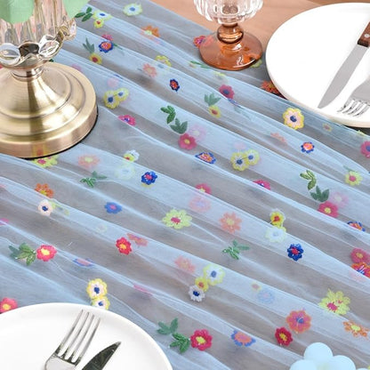 Joanlody Blue Embroidery Daisy Fall Thanksgiving Table Runner Florals Seasonal Tulle Table Runner Holiday Kitchen Dining Table Decoration Wedding Party