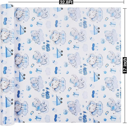 Aimyoo Blue Baby Shower Wrapping Paper Roll - 17 Inch X 32.8 Feet - Cute Elephant with It‘s A Boy Letter Design Perfect for Boys, Birthday, Party