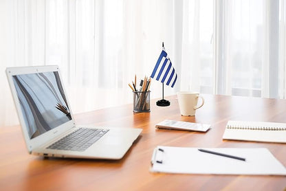 Greece Greek Deluxe Desk Flag Set, Small Mini Miniature Greece Greek Table Desktop Flags With Solid Pole, Black Base and Spear Top(2 Pack)