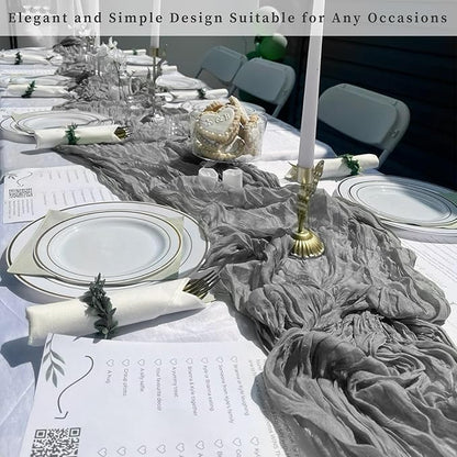 12 Pack Gray 10FT Cheesecloth Table Runner Rustic Gauze Fabric Cheese Cloth Table Runner for Wedding Bridal Baby Shower Table Decor 20 x 120 Inch Long Boho Sheer Birthday Party Table Decorations