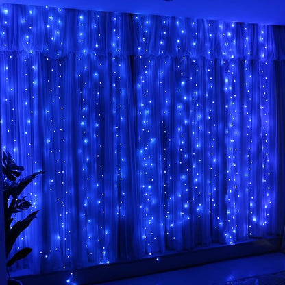 HXWEIYE 300LED Fairy Curtain Lights, 9.8x9.8Ft USB Plug-in 8 Modes Christmas String Hanging Lights with Remote for Bedroom Backdrop Wedding Party Indoor Wall Decor, Blue