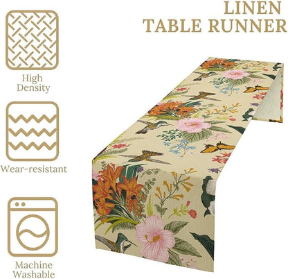 Brown Bird Floral Table Runner Spring Flower Kitchen Table Decoration Suitable for Family Dinner Decoration 13x108 Inch