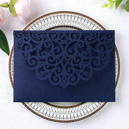 PONATIA 5.12 x 7.2 Laser Cut Invitation Pocket, 20PCS Tri-Fold 5 x 7 Laser Cut Wedding Invitation Pockets with Envelopes for Wedding Bbay Shower Birthday Sweet 16 Invite (Navy Blue, No Inner Sheet)