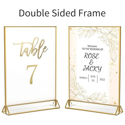NIUBEE 6Pack 5 x 7 Clear Acrylic Wedding Table Number Holder Stands with Gold Borders, Double Sided Picture Frames Sign for Restaurant Menu Recipe Cards Photo Display