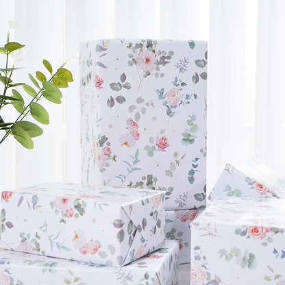 Ulmasinn Floral Wrapping Paper Roll - 17 Inches x 33 Feet - Vintage Romantic Rose Flower Gift Wrap with Cut Lines for Wedding, Birthday, Bridal Shower, Mother’s Day