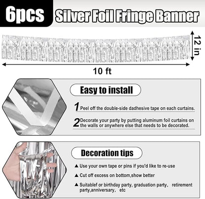 6 Pack 10 Feet Silver Foil Fringe Garland Metallic Tinsel Streamers Banner Wall Hanging Curtain Backdrop for Parade Floats, Birthday, Graduate, Mother's Day, Wedding Party Decoration