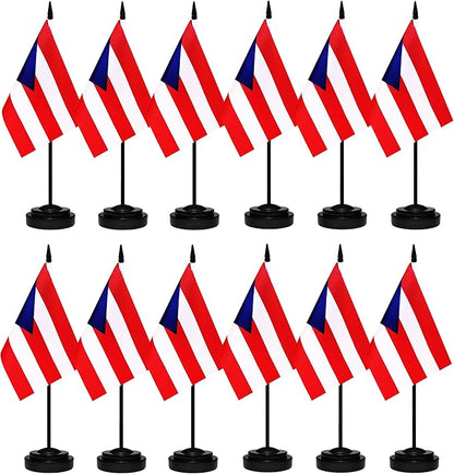 12 Pack Puerto Rico Desk Flags Set, Puerto Rican Small Mini Table Office Flags with 12" Solid Black Pole, 8.2 x 5.5 Inches, Home and Office Decoration, Festival Celebrations