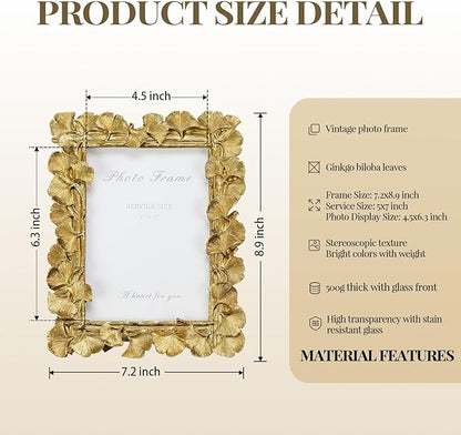 Cuspin 5x7 Picture Frame Vintage Gold Frames, Ornate Leaf Textured Hand-Crafted Resin with Glass Front, Gold Picture Frames for Tabletop Display, Retro Design Home Decor