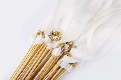 50pcs Ribbon Stick Wands Off White Streamers with Gold Bells for Wedding Party Favors for Guests