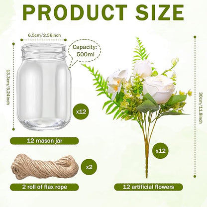 12 Pcs Mason Jar Table Centerpiece Floral Table Centerpiece Vases with Flower for Wedding Reception Party Decor