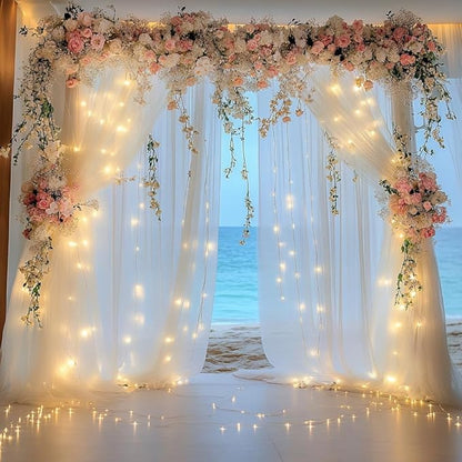 Tulle Backdrop Curtain with Lights String 20 X 8FT Ivory Sheer Tulle Backdrop Curtains for Wedding Birthday Party Reception Photo Booth Background Decorations (4 Panels 5x8FT)