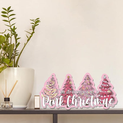 CGBHW Pink Christmas Tree Wooden Sign, I’m Dreaming of a Pink Christmas Snowflake Decoration Hanging Sign Wall Decor, Winter Holidays Theme for Home Office Girls College Dorm Door Decor 12 x 6 Inch