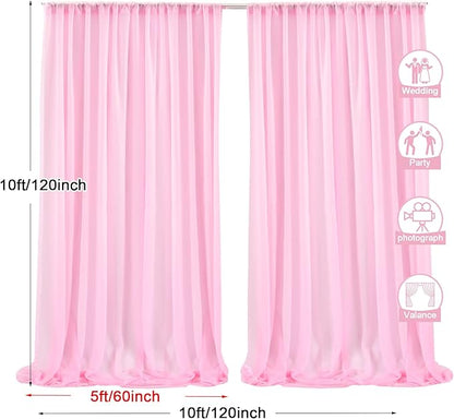 PARTISKY 10x10ft Pink Chiffon Sheer Backdrop Curtains, Wrinkle-Free Wedding Backdrop Drapes for Birthday Party Ceremony Arch Stage Decor Background for Photography 5x10ft,2 Panels