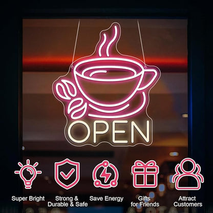 Coffee Cup Open Led Neon Sign For Business Wall Decor, Usb Powered Neon Coffee Signs For Coffee Bar Wall Decor Art Aesthetic Bistro Cafe Restaurant Kitchen Shop Window Welcome Sign