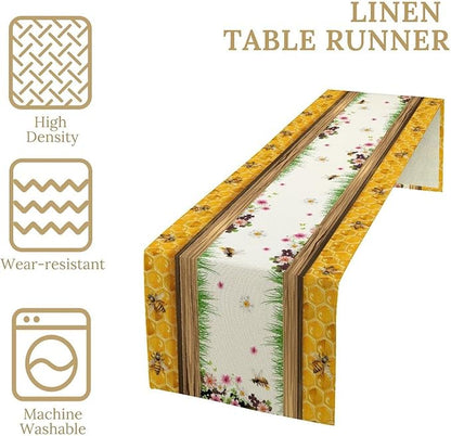 Watercolor Honeycomb Table Runner, Farmhouse Spring Summer Autumn Fall Floral Daisy Bee Print Kitchen Dining Table Decoration for Home Party Decor, 13x36inch