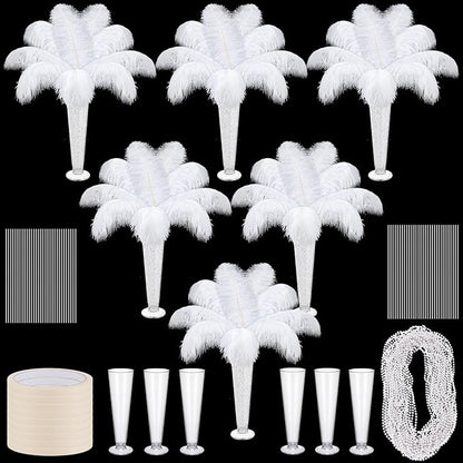 6 Sets Wedding Table Centerpiece Accessories Including 159 Pieces Natural Ostrich Feather Bulk Plastic Vases and Beads Necklaces for Wedding Home Party Centerpiece Supplies(White)