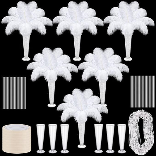 6 Sets Wedding Table Centerpiece Accessories Including 159 Pieces Natural Ostrich Feather Bulk Plastic Vases and Beads Necklaces for Wedding Home Party Centerpiece Supplies(White)