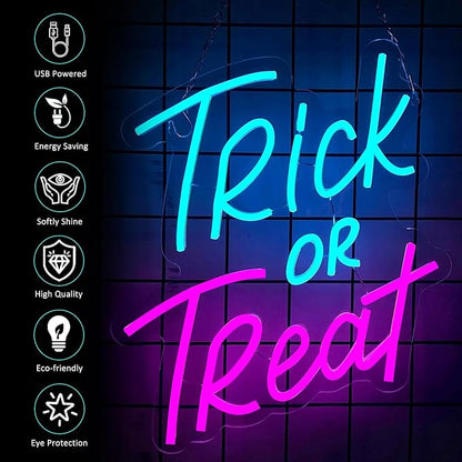 Trick or Treat Neon Sign Halloween, USB Halloween Neon LED Light for Wall Decor, Trick or Treat Halloween Sign Decorations for Home Bar Salon Coffee Stores Porch Front Door