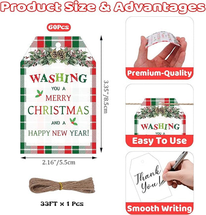 60Pcs Merry Christmas Tags with String, 3.3x2.1 Inch Buffalo Plaid Holiday Gift Tags, Xmas Happy New Year Tag with Holly for Winter Party Candy Bag Envelope Presents Gift Favor