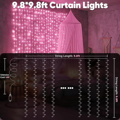 suddus Curtain Lights for Bedroom, 300 Led 9.8ft x 9.8ft Hanging String Lights Outdoor, Fairy Curtain Lights for Backdrop, Window, Wall, Wedding, Party, Garden, Porch, Birthday Decorations Pink